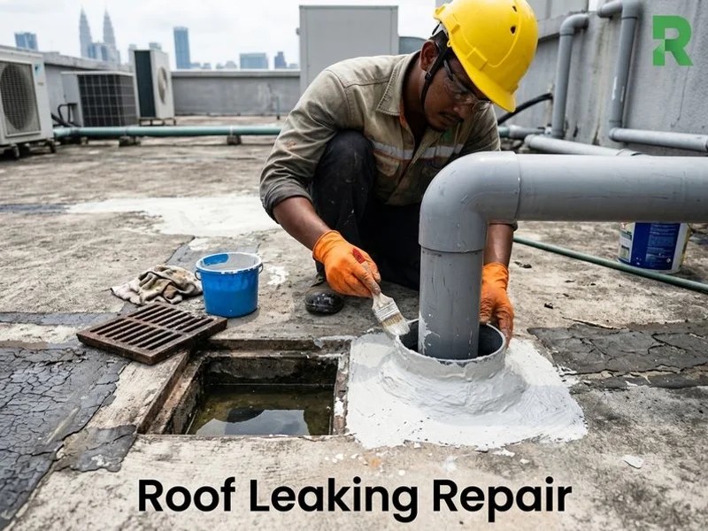 RLR Roofer crew sealing a downpipe joint with cementitious waterproofing on a Petaling Jaya double-storey home