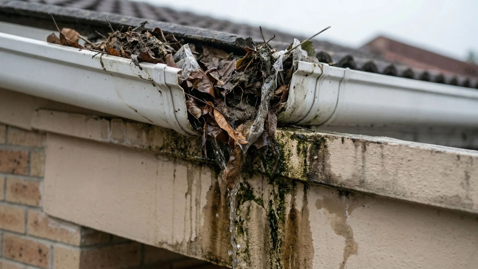 RLR Roofer technician inspecting a blocked rain gutter overflowing during heavy rain on a Selangor terrace home