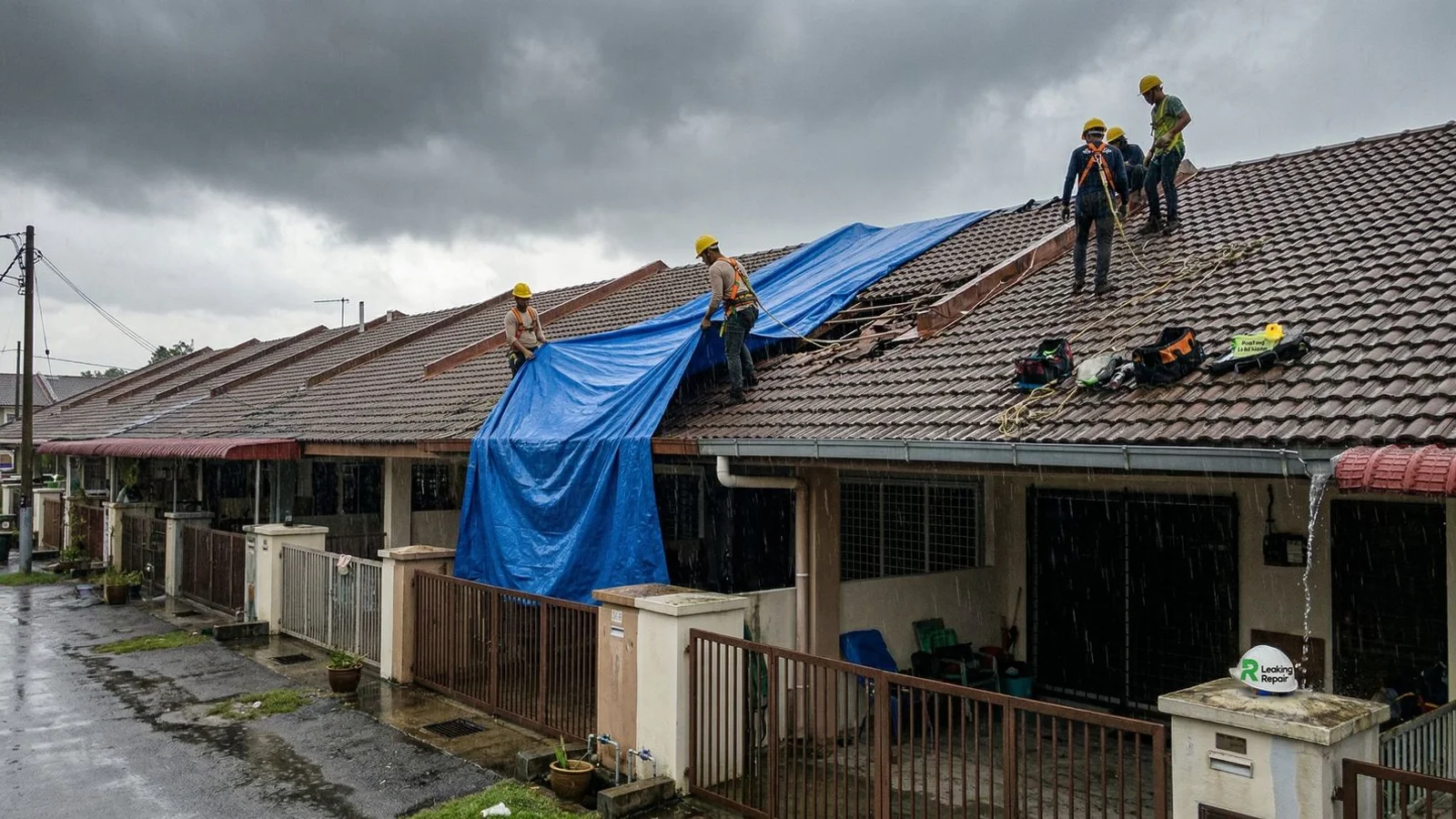 Emergency roof repair team responding to a monsoon leak at a Kuala Lumpur home