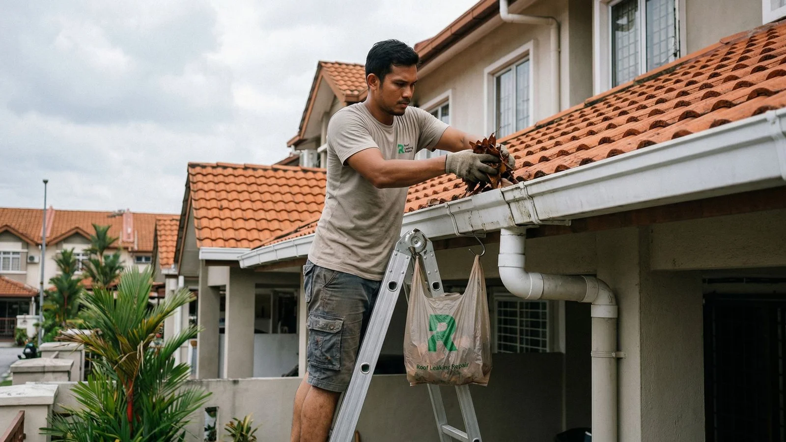 Homeowner clearing leaves from a residential rain gutter before monsoon season