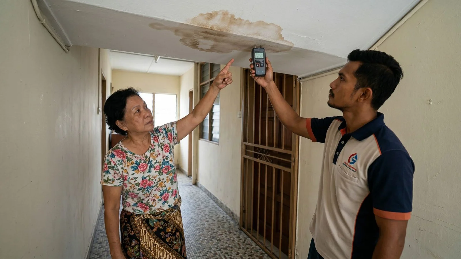 Homeowner and technician investigating whether a ceiling stain is from a roof leak or plumbing leak