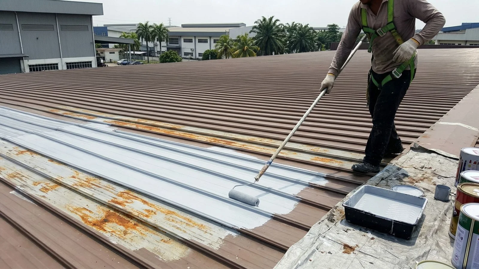 Industrial factory metal roof undergoing rust repair and anti-corrosive coating
