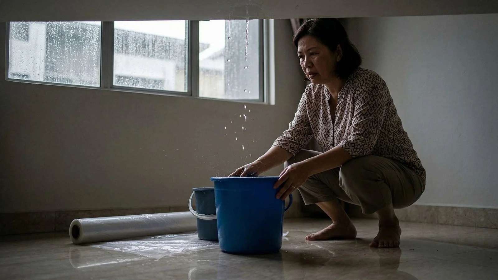Homeowner placing a bucket and plastic sheeting under an active roof leak during a storm