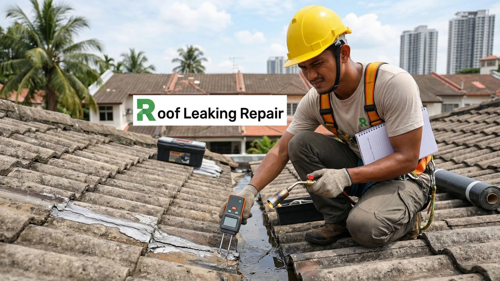 RLR Roofer technician conducting an onsite roof inspection with a moisture meter