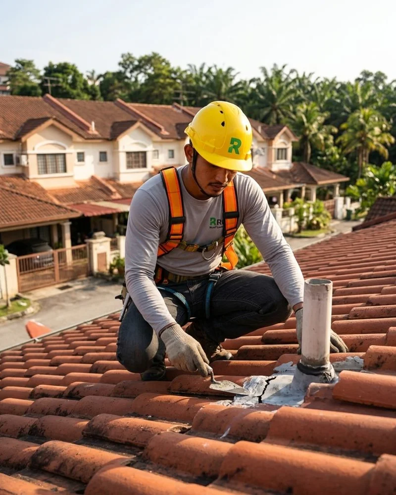 RLR Roofer technician inspecting a clay tile roof on a Petaling Jaya double-storey terrace house in Kuala Lumpur