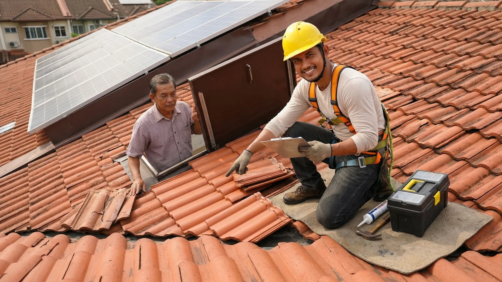 Roofer evaluating patch repair versus full roof replacement on a Malaysian tile roof
