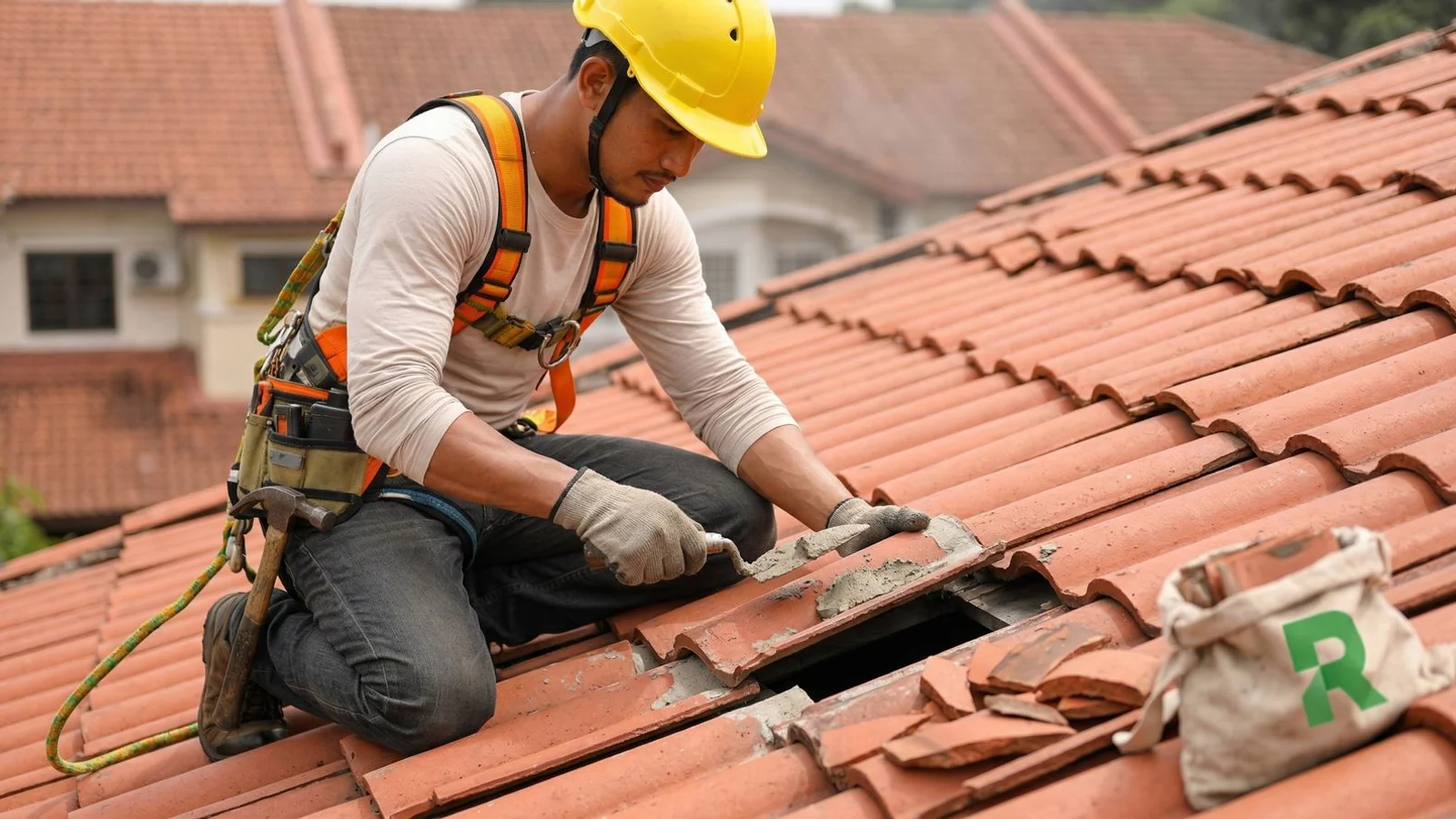 Roofer replacing a cracked clay tile on a typical Kuala Lumpur terrace house roof