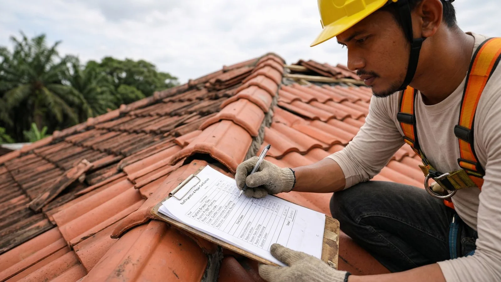 Roofer writing a transparent repair quote after inspecting a leaking Malaysian tile roof