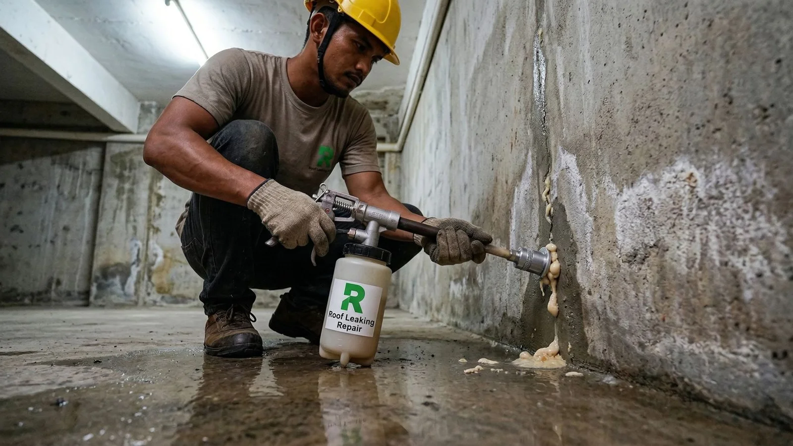Technician performing polyurethane injection into a concrete crack