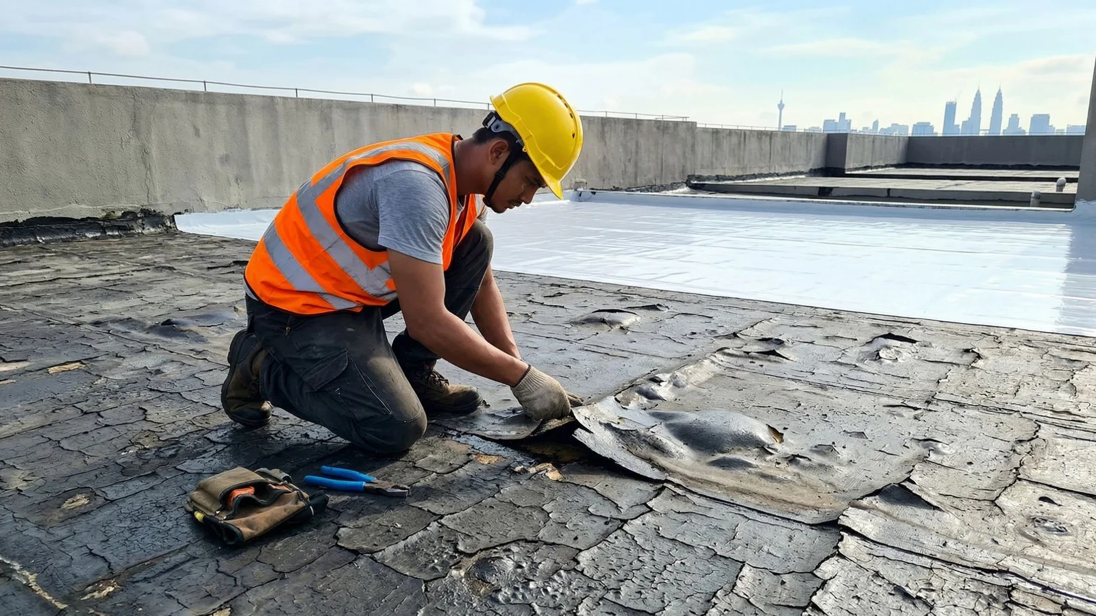 Technician inspecting an aged waterproofing membrane on a Malaysian flat roof